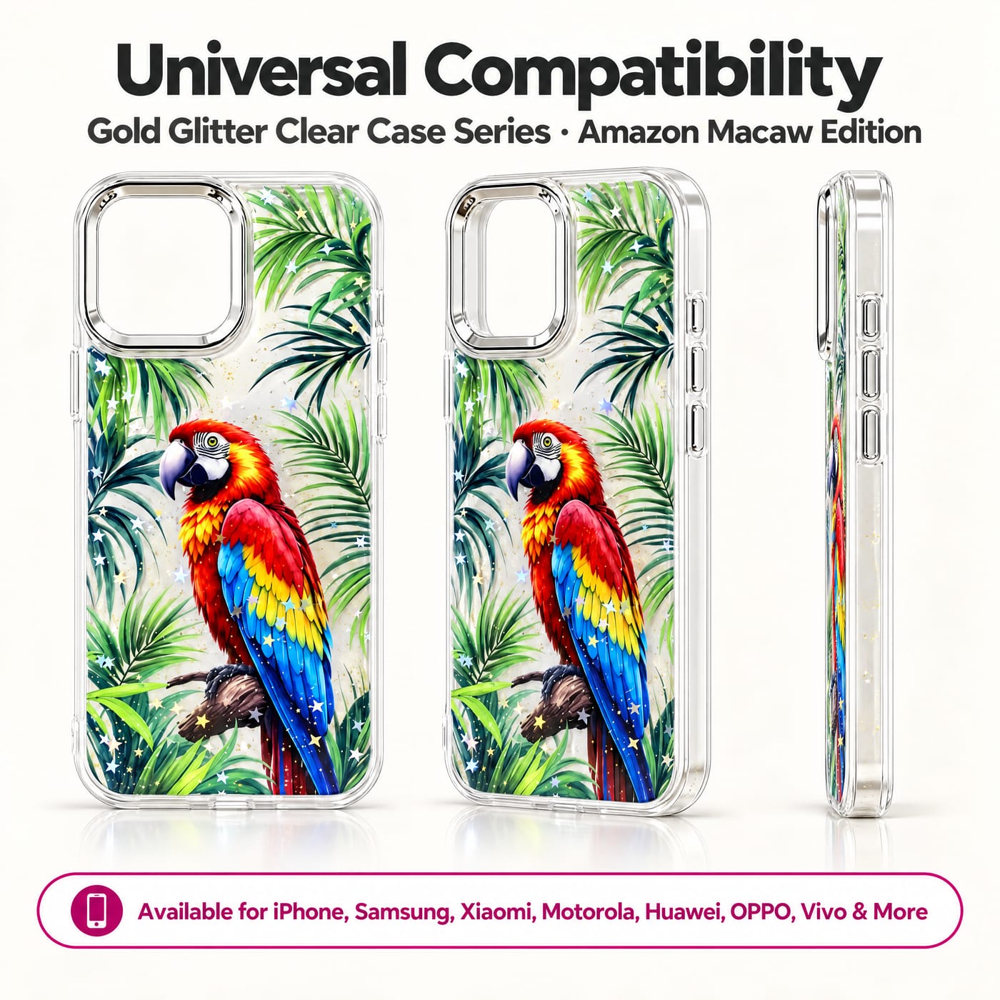 Funda del Guacamayo Amazónico mostrado colocado en un teléfono