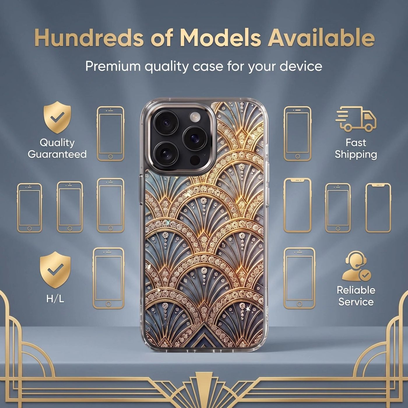 Funda Art Déco Azul y Dorado con Pedrería mostrado colocado en un teléfono