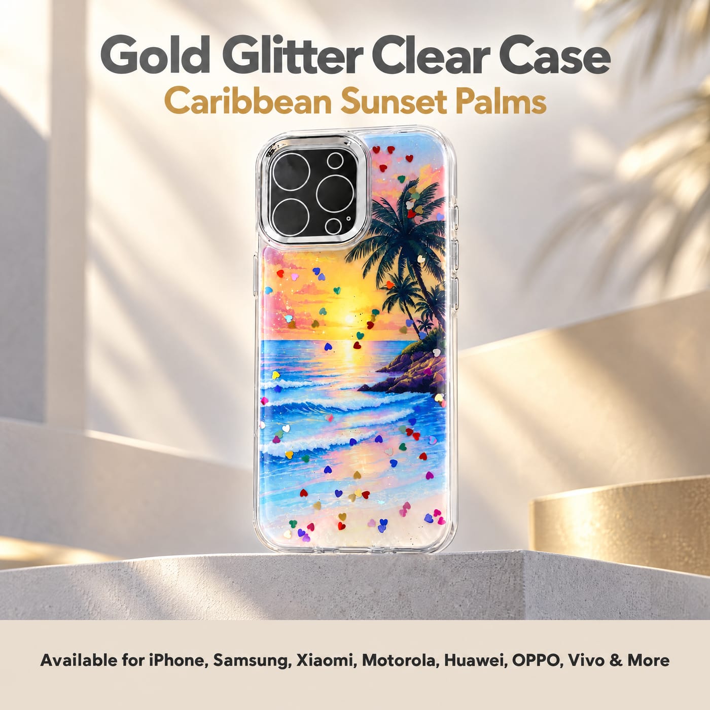 Funda del Atardecer Caribeño y Palmeras mostrado colocado en un teléfono