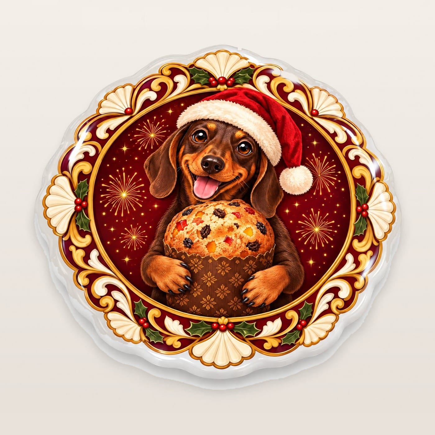 Imán para Refrigerador Navideño de Resina Perro Salchicha y Pan Dulce de Argentina, foto principal del producto