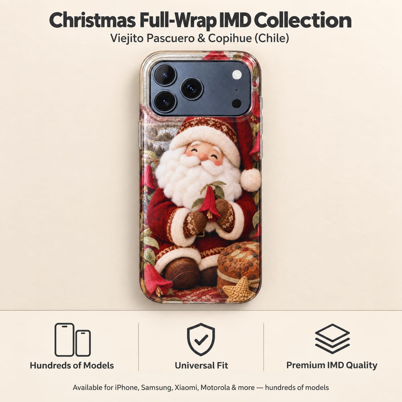 Funda Navideña IMD Viejito Pascuero y Copihue mostrado colocado en un teléfono