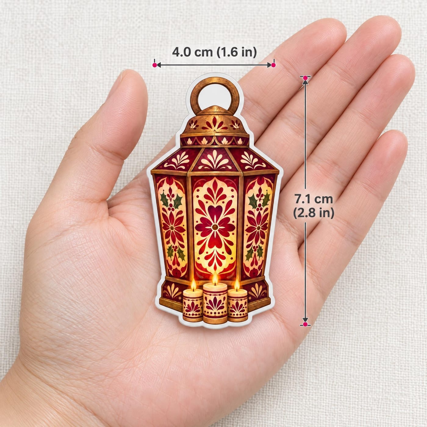 Colombia Velitas Lantern Christmas Resin Fridge Magnet shown in hand for scale