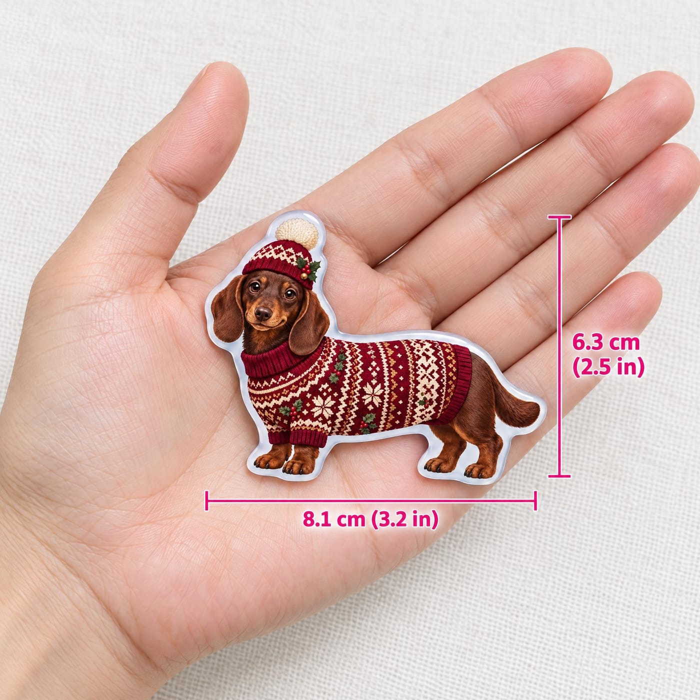 Dachshund in Fair Isle Sweater Christmas Resin Fridge Magnet shown in hand for scale