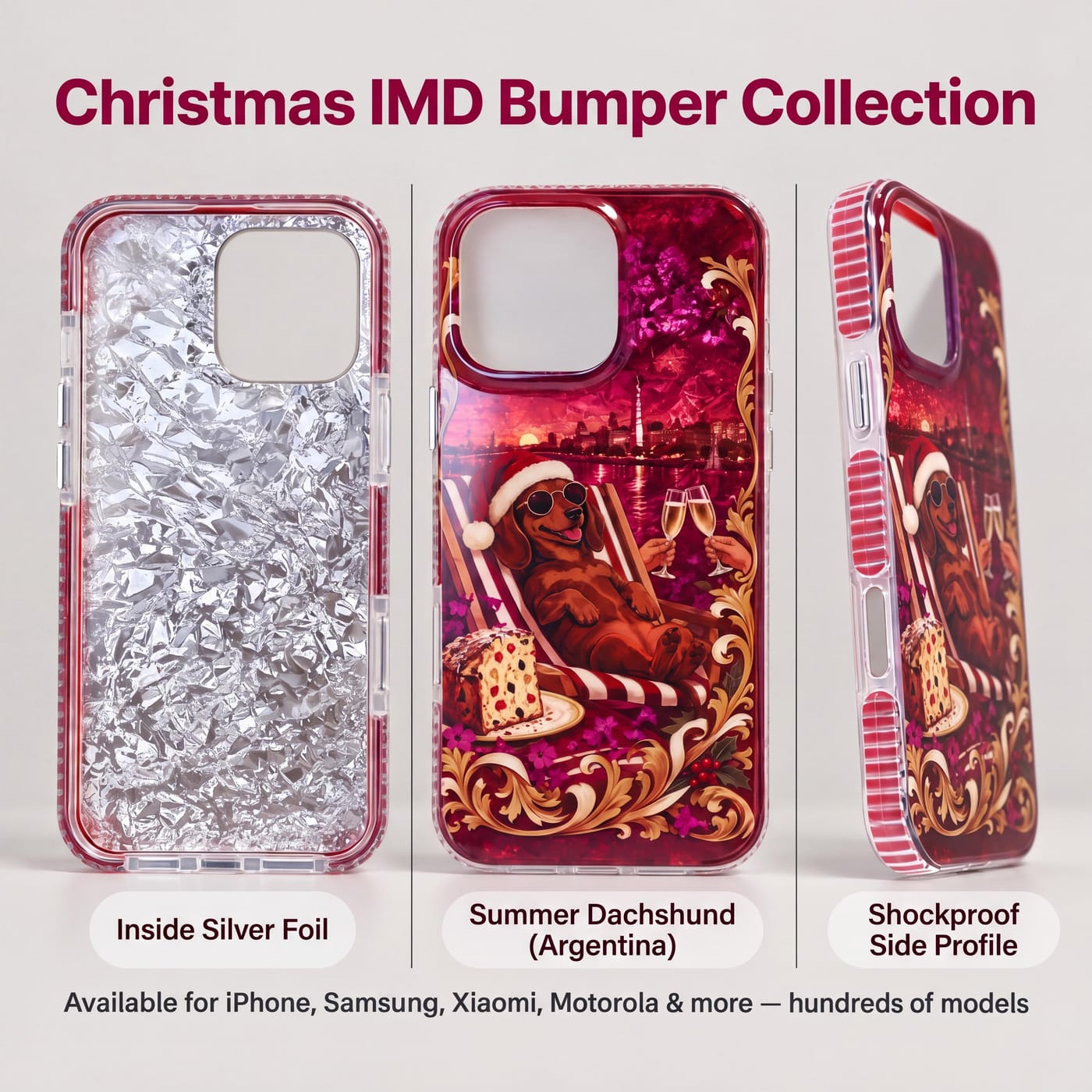 Funda Navideña IMD con Esquinas Antigolpes — 5 Diseños mostrado colocado en un teléfono