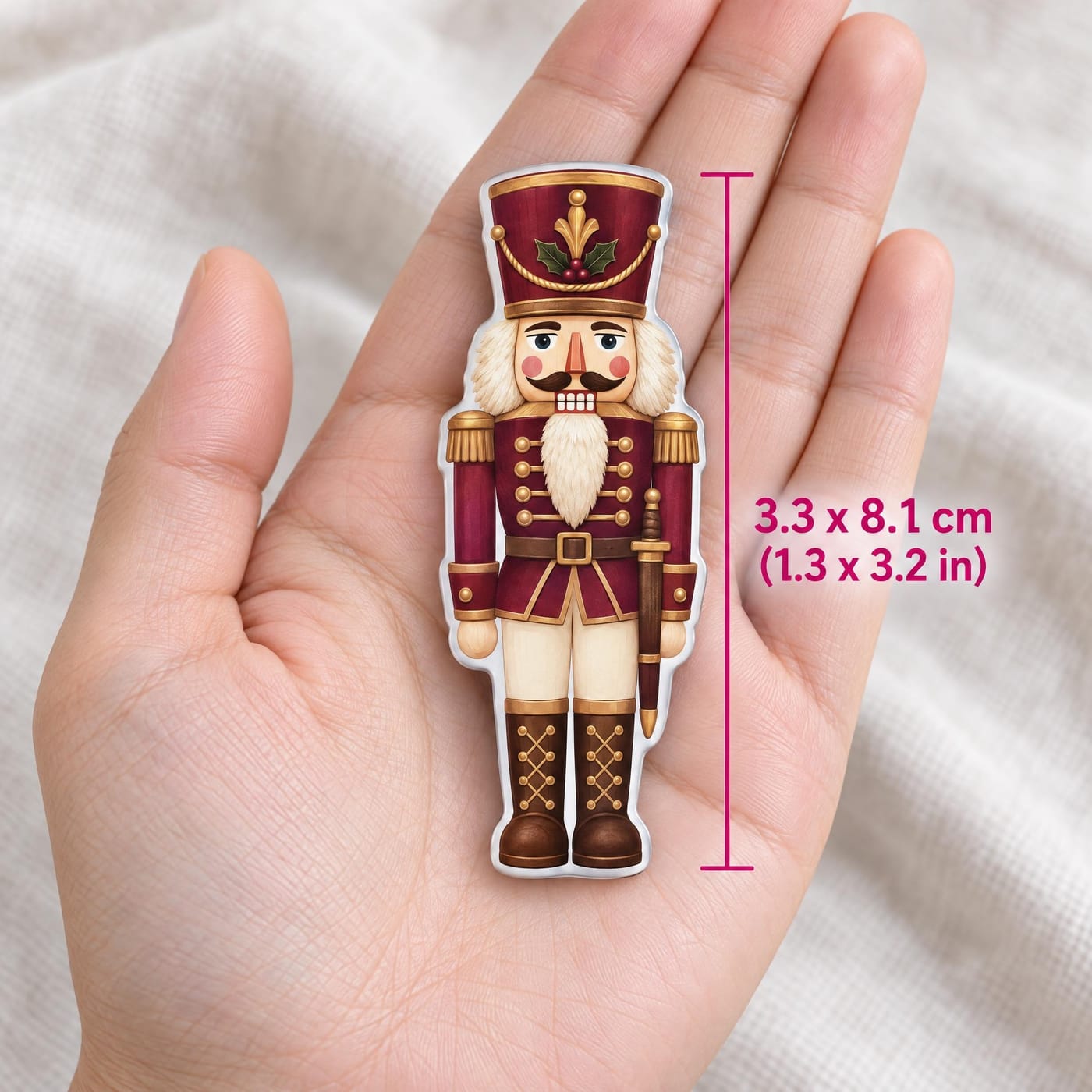 Nutcracker Soldier Christmas Resin Fridge Magnet shown in hand for scale