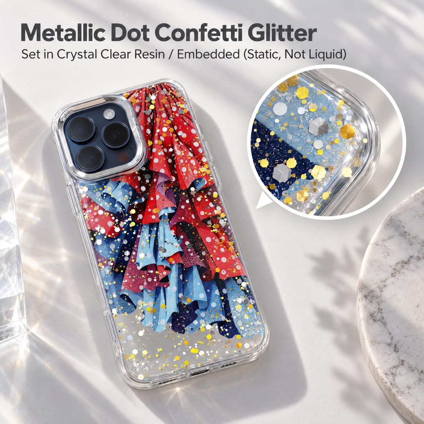 Metallic Dot Glitter, Set in Crystal Clear Resin