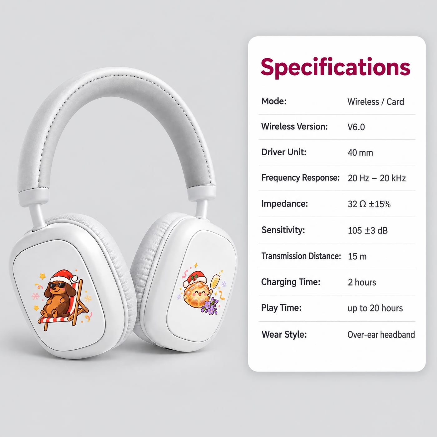 Argentina Summer Dachshund Christmas Headphones shown with the spec sheet