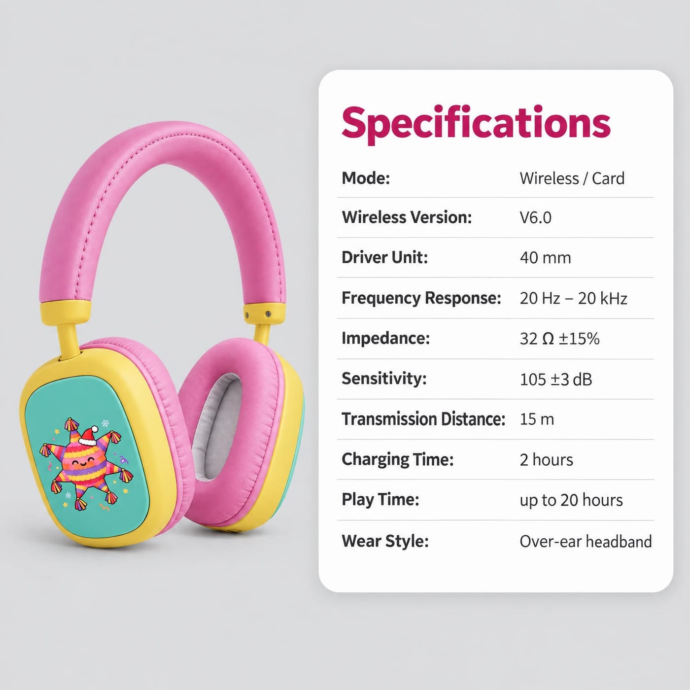 Mexico Piñata & Nochebuena Christmas Headphones shown with the spec sheet