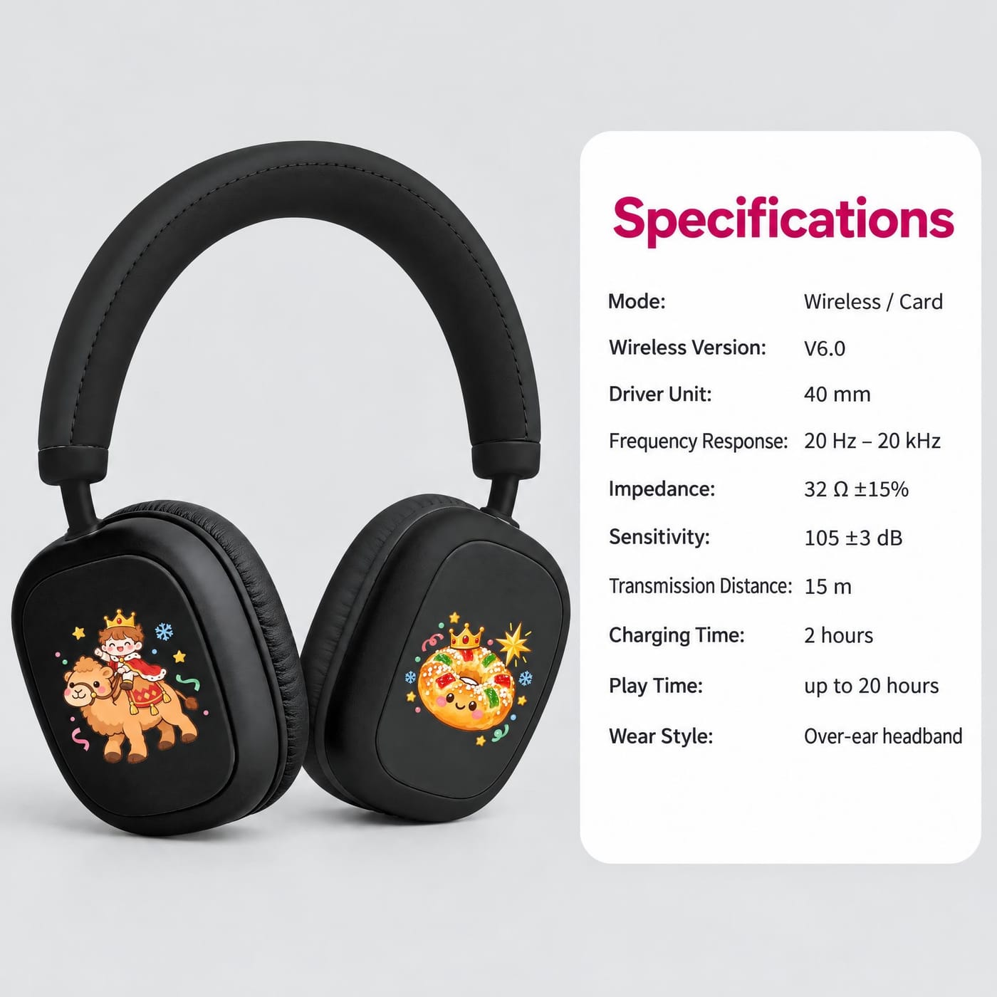 Spain Three Kings Christmas Headphones shown with the spec sheet