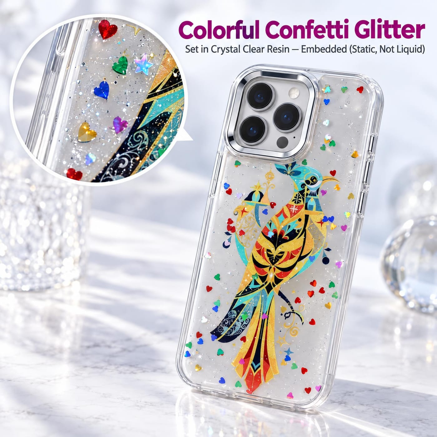 Colorful Confetti Glitter, Set in Crystal Clear Resin