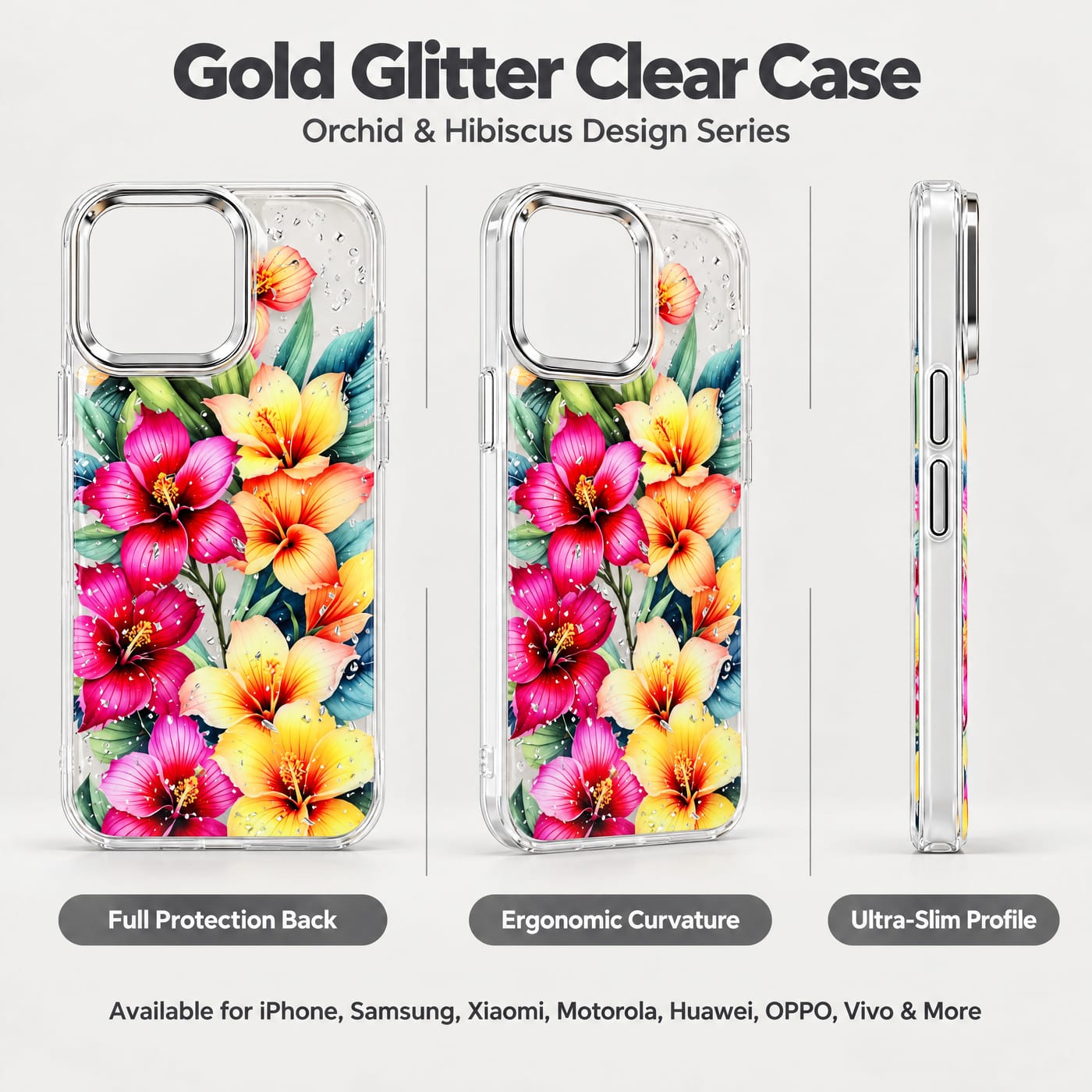 Orchid & Hibiscus Botanical Case shown fitted to a phone