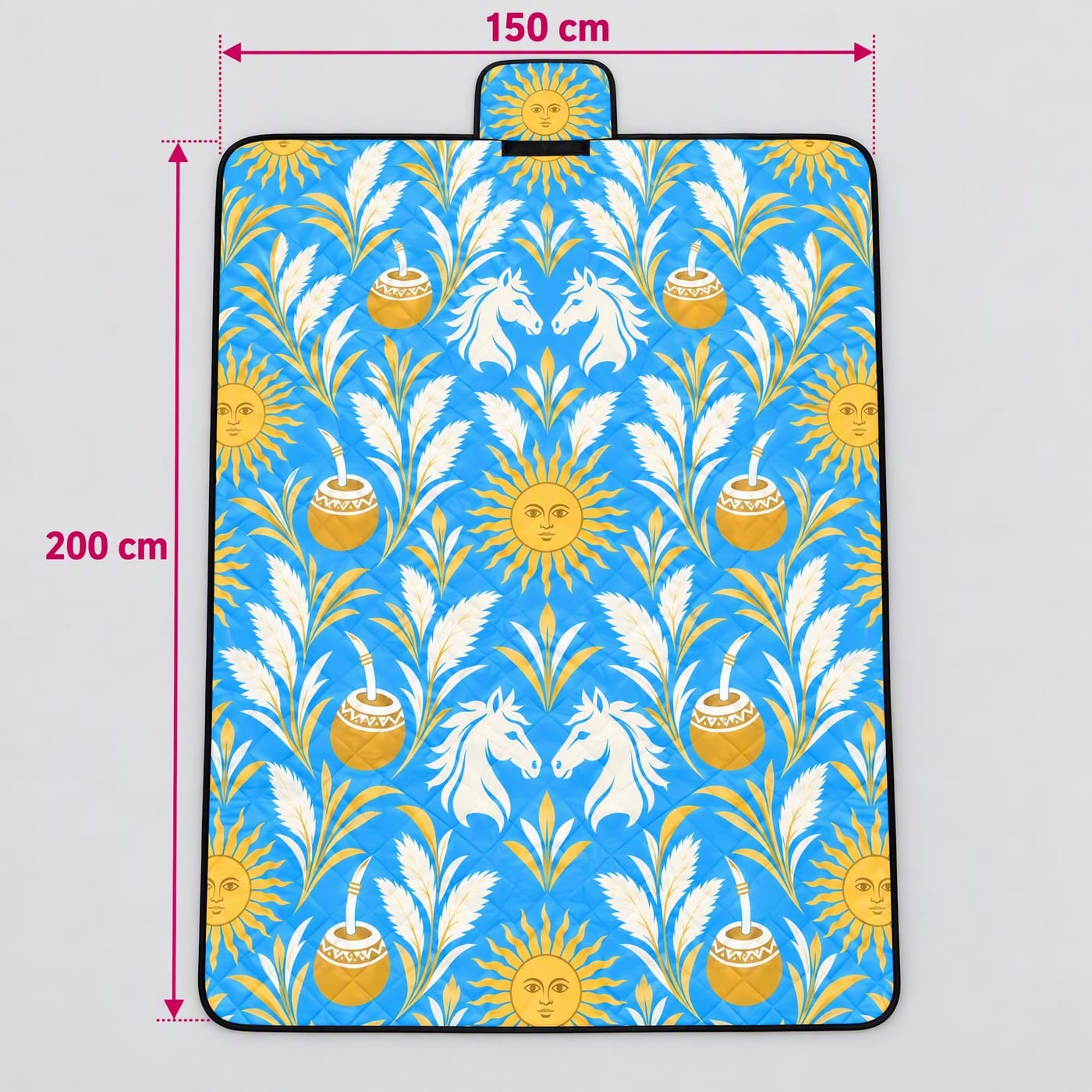 Sol de Mayo & Mate Picnic Blanket shown laid flat with dimensions