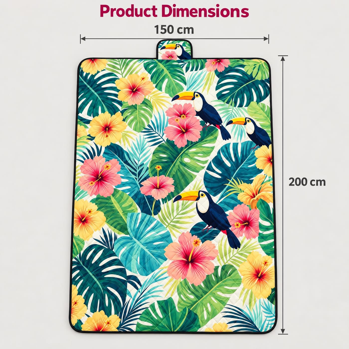 Tropical Toucan Picnic Blanket shown laid flat with dimensions