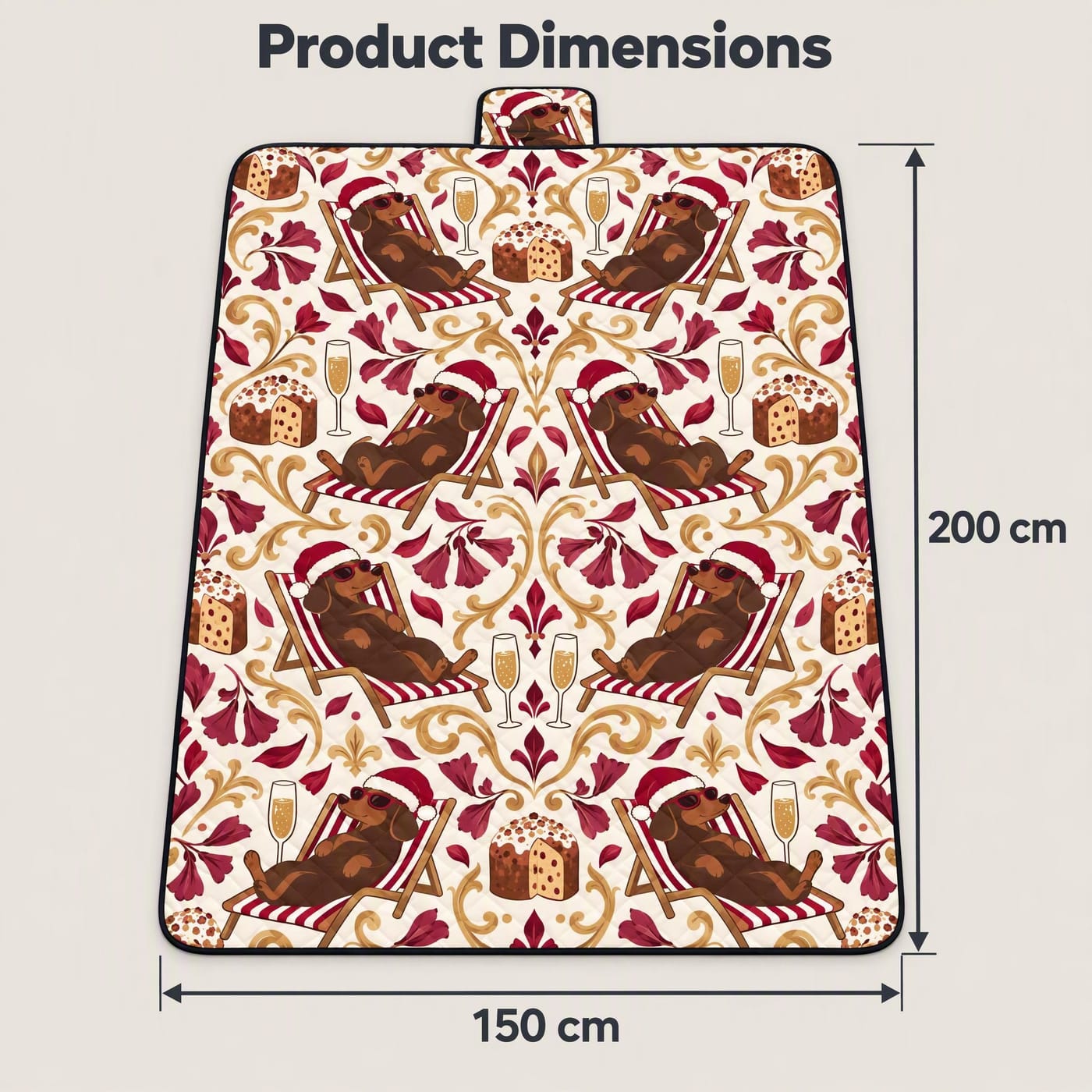 Summer Dachshund Christmas Picnic Blanket shown laid flat with dimensions