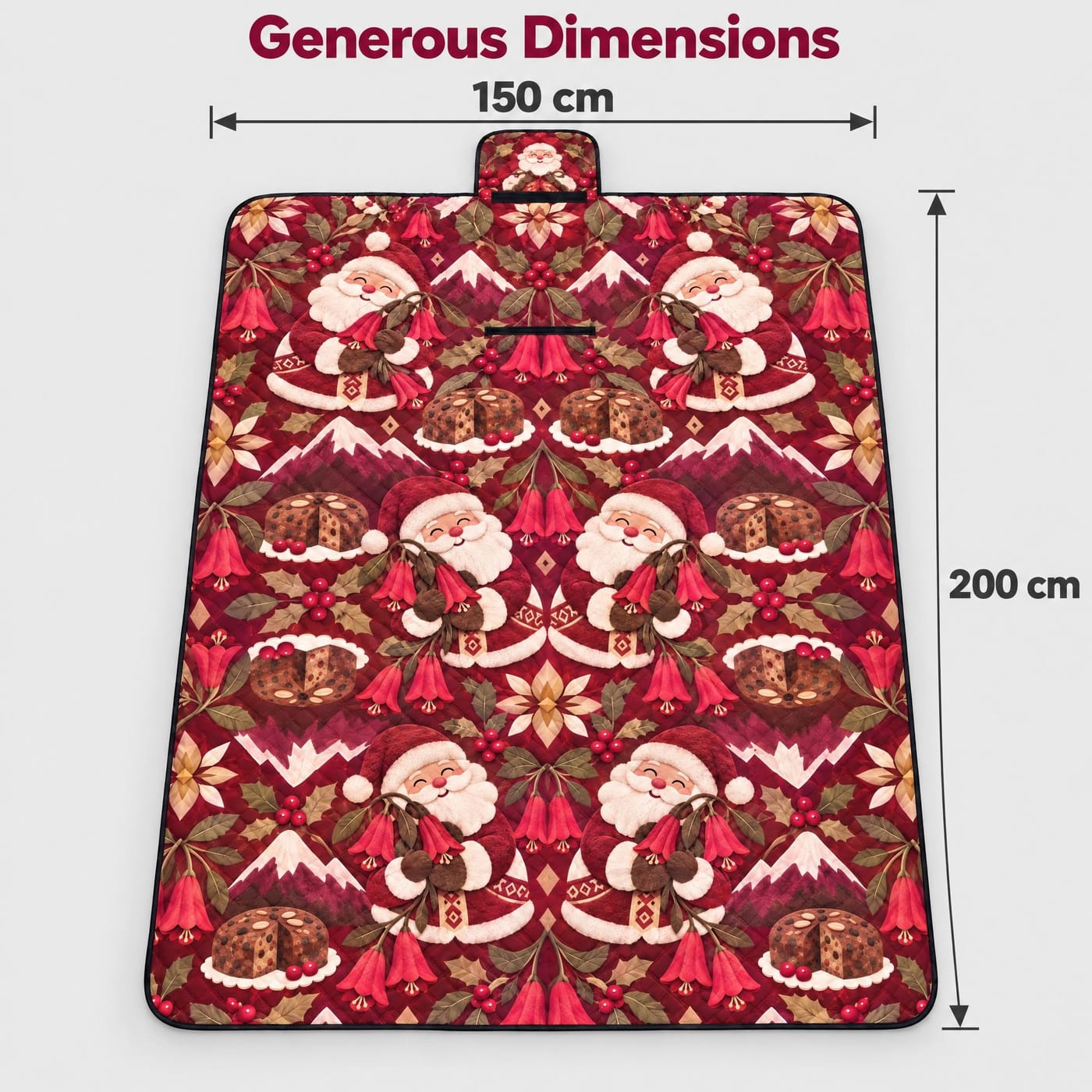 Viejito Pascuero & Copihue Christmas Picnic Blanket shown laid flat with dimensions