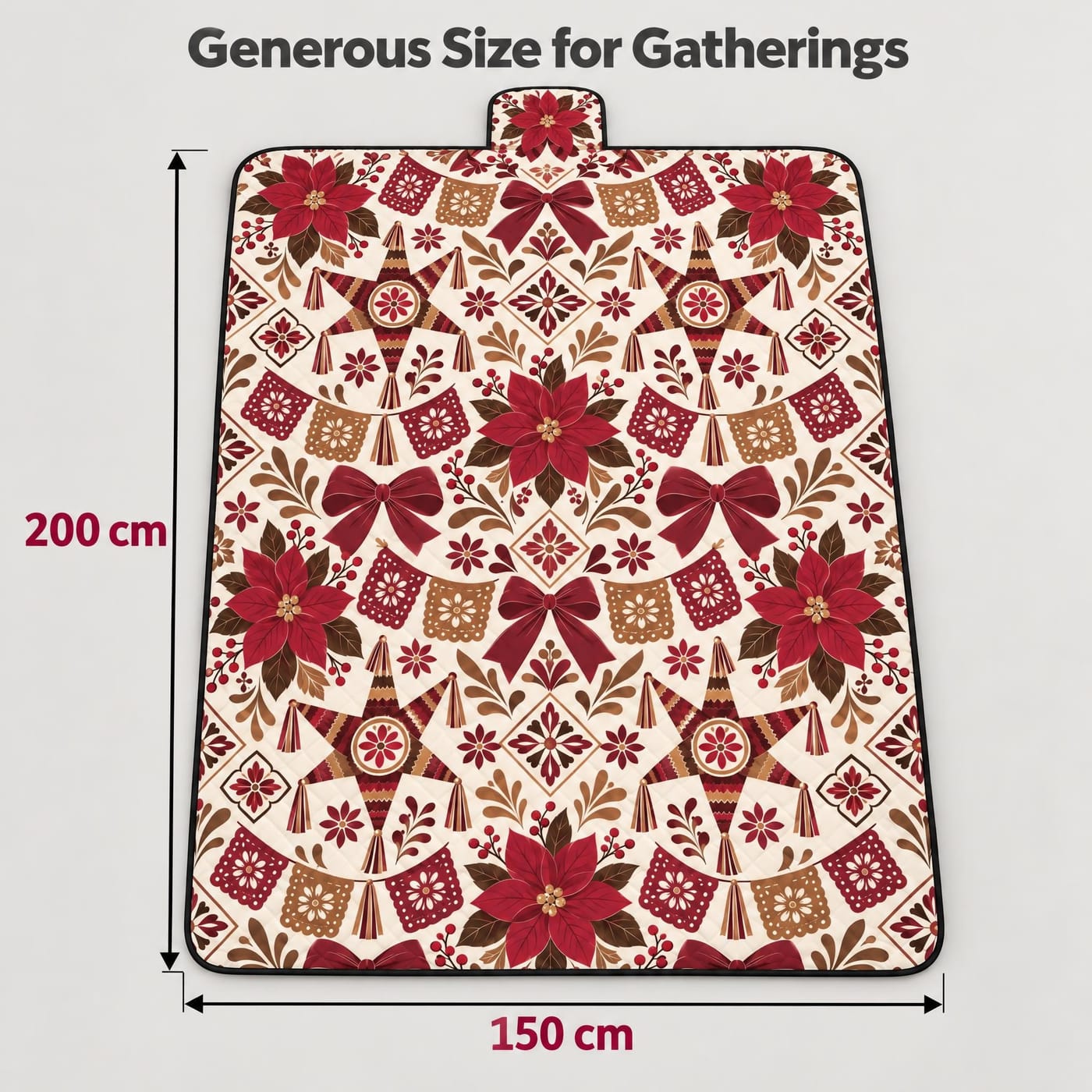 Nochebuena & Velvet Bow Christmas Picnic Blanket shown laid flat with dimensions