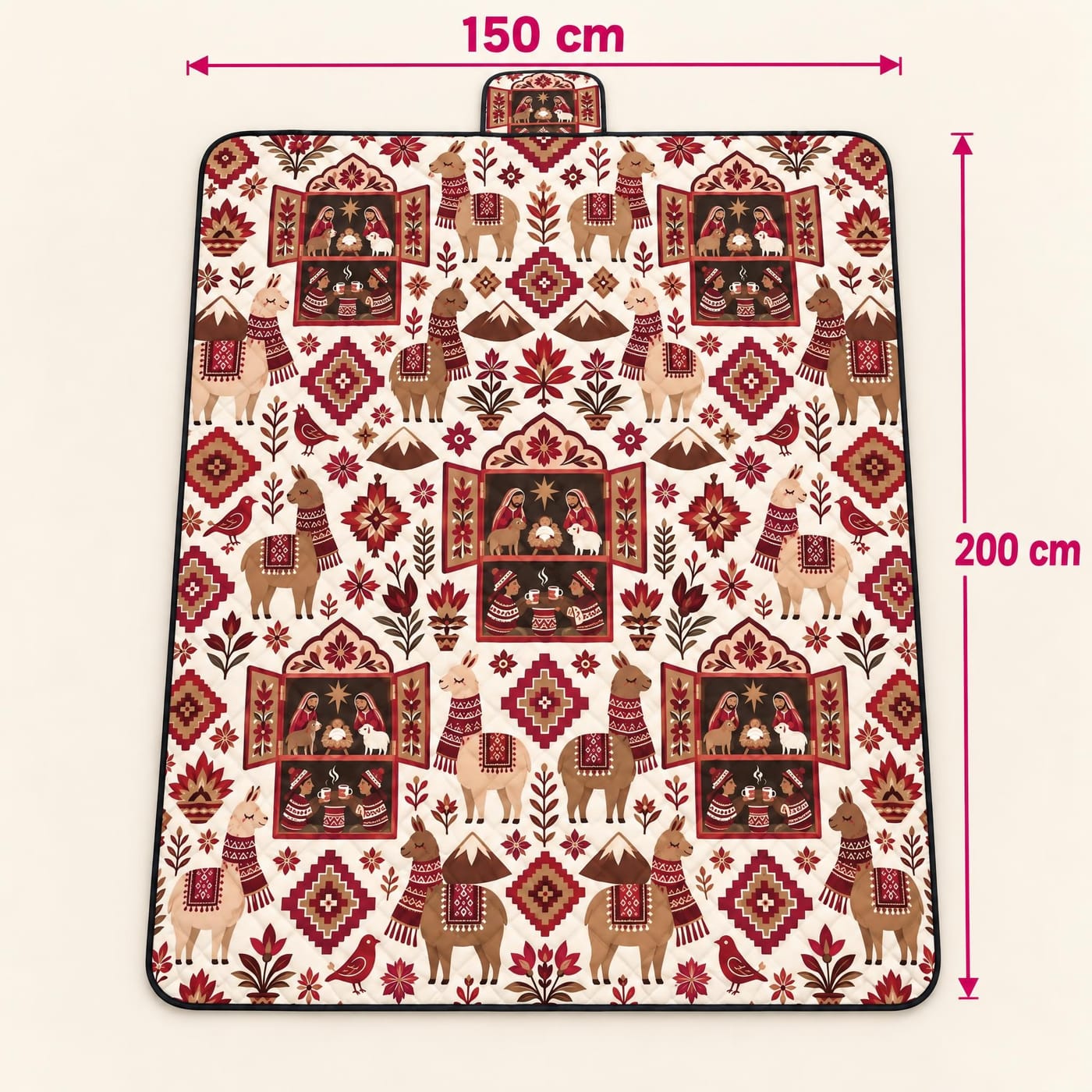 Retablo & Alpaca Christmas Picnic Blanket shown laid flat with dimensions