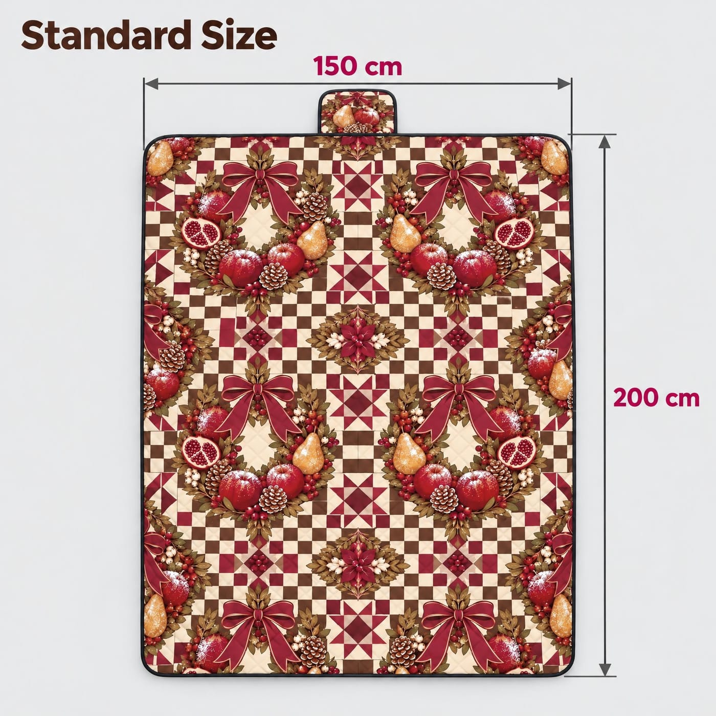 Sugared Fruit Wreath Christmas Picnic Blanket shown laid flat with dimensions
