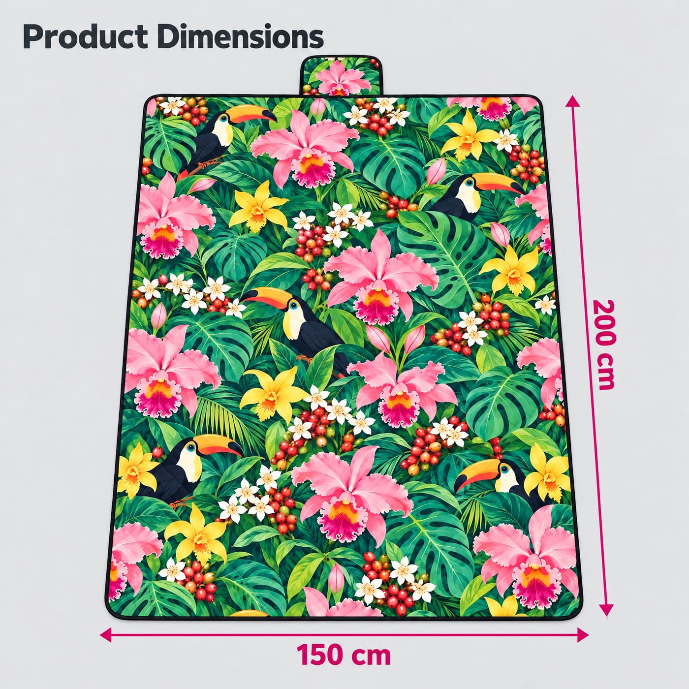 Orchid & Toucan Picnic Blanket shown laid flat with dimensions