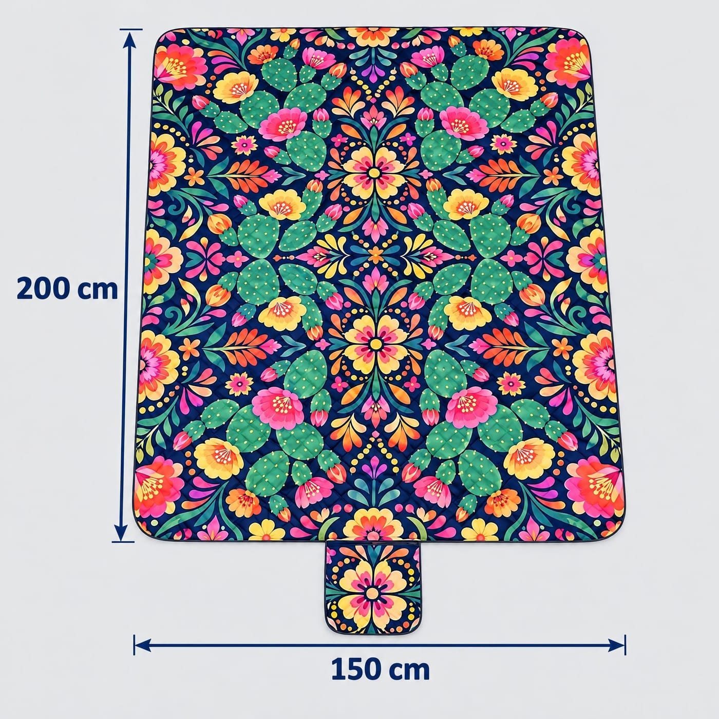 Manta de Picnic Nopal y Flores Folclóricas mostrada extendida con medidas