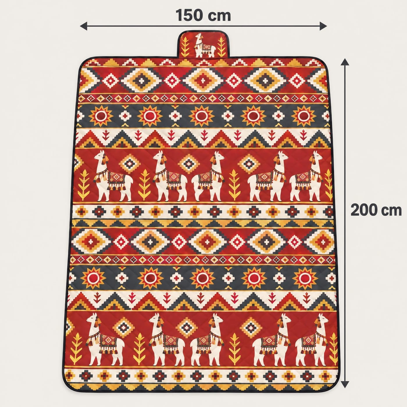 Andean Geometric Alpaca Picnic Blanket shown laid flat with dimensions