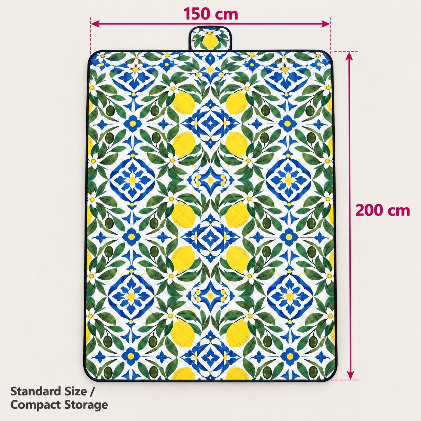 Manta de Picnic Azulejo y Cítricos mostrada extendida con medidas