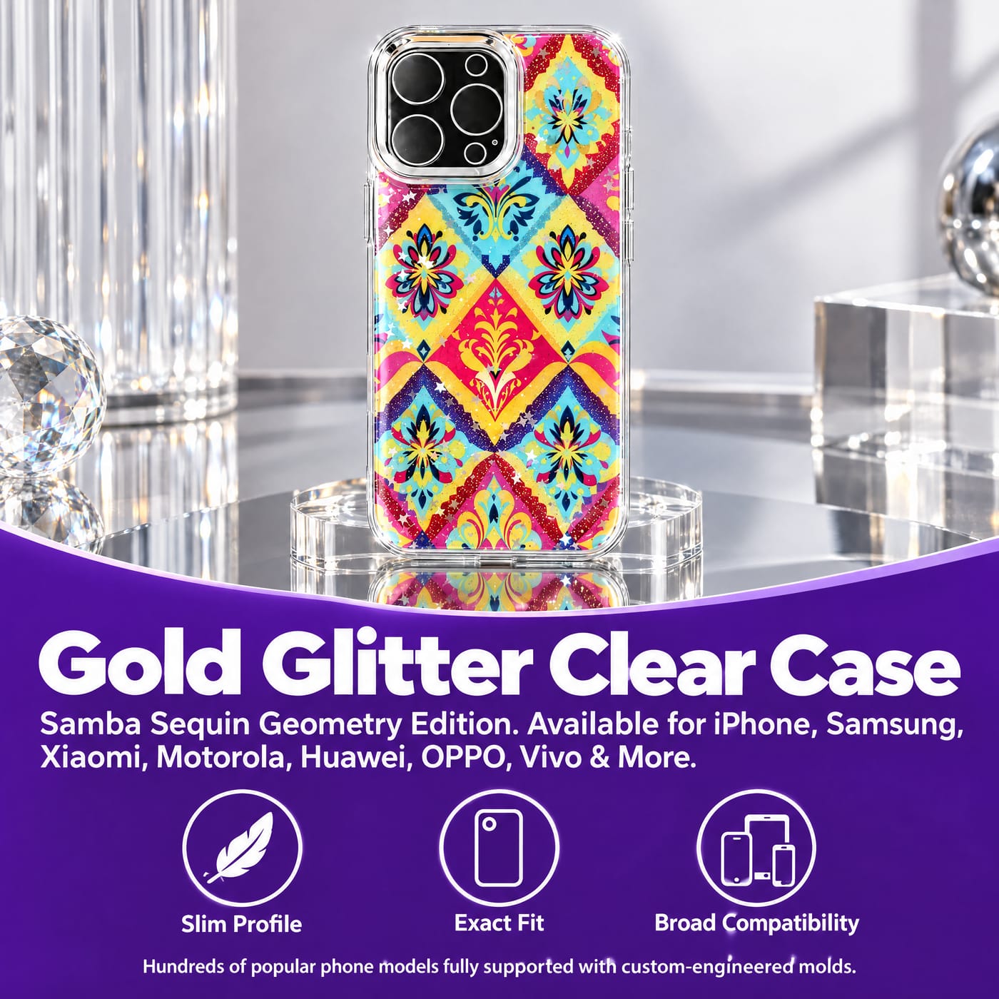 Funda de la Geometría de Lentejuelas de Samba mostrado colocado en un teléfono