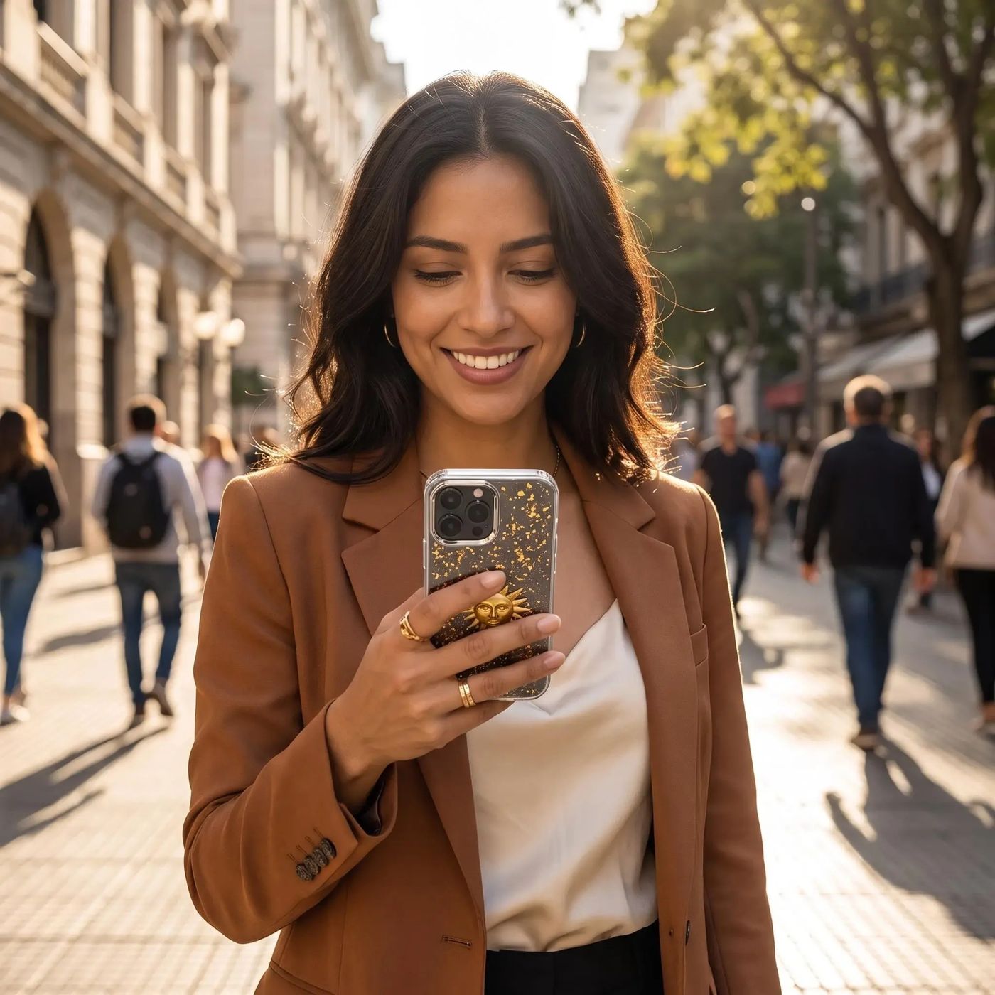 Funda Argentina Sol de Mayo Dorado mostrado colocado en un teléfono