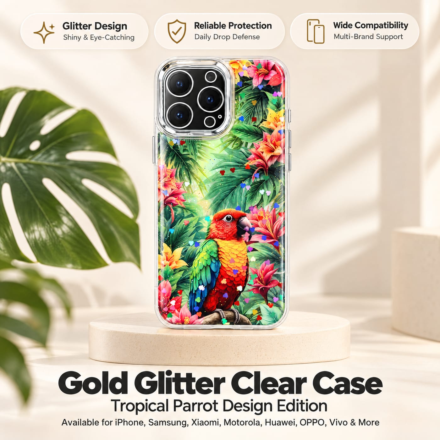Tropical Parrot & Rainforest Blooms Case shown fitted to a phone