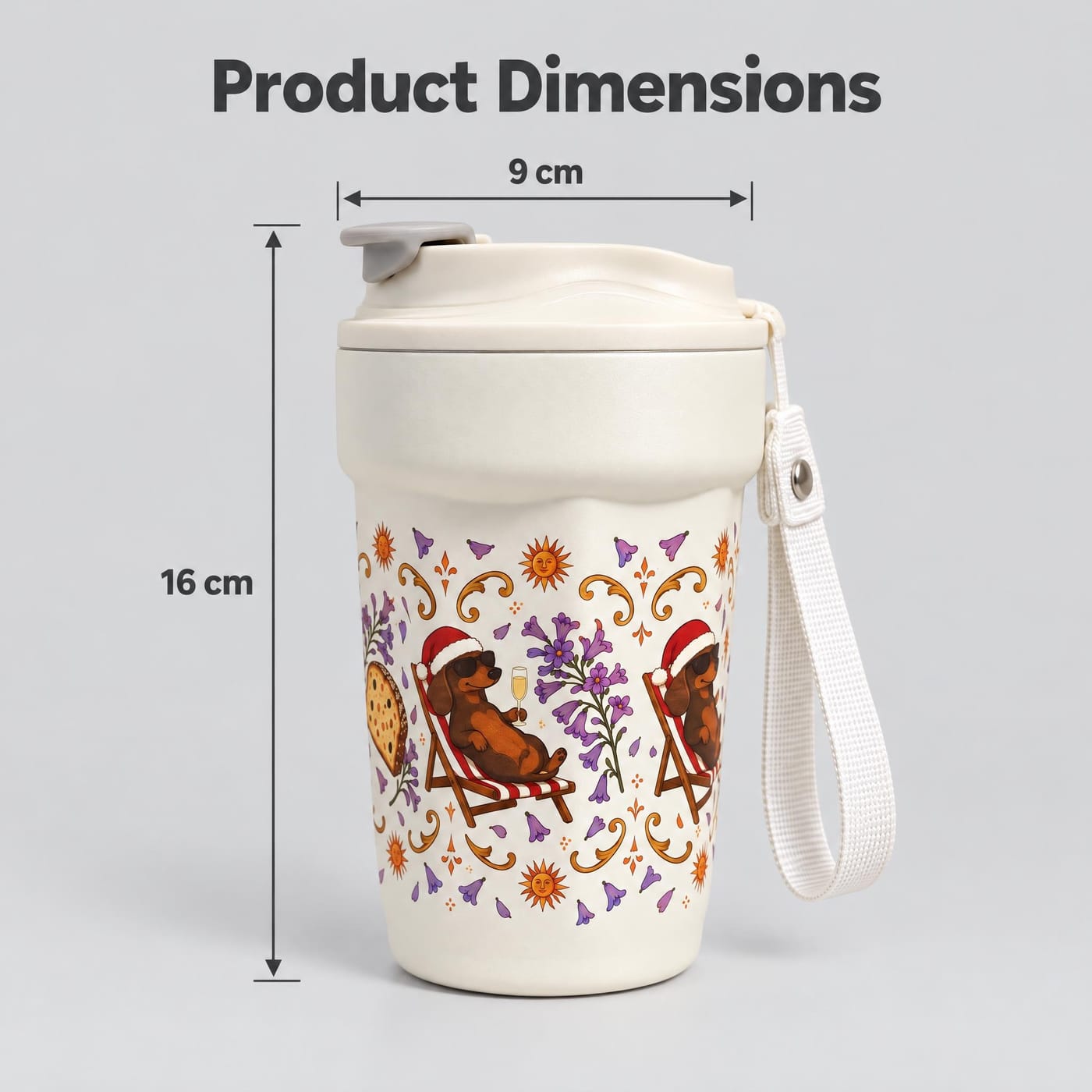 Summer Dachshund Christmas Tumbler shown with dimensions