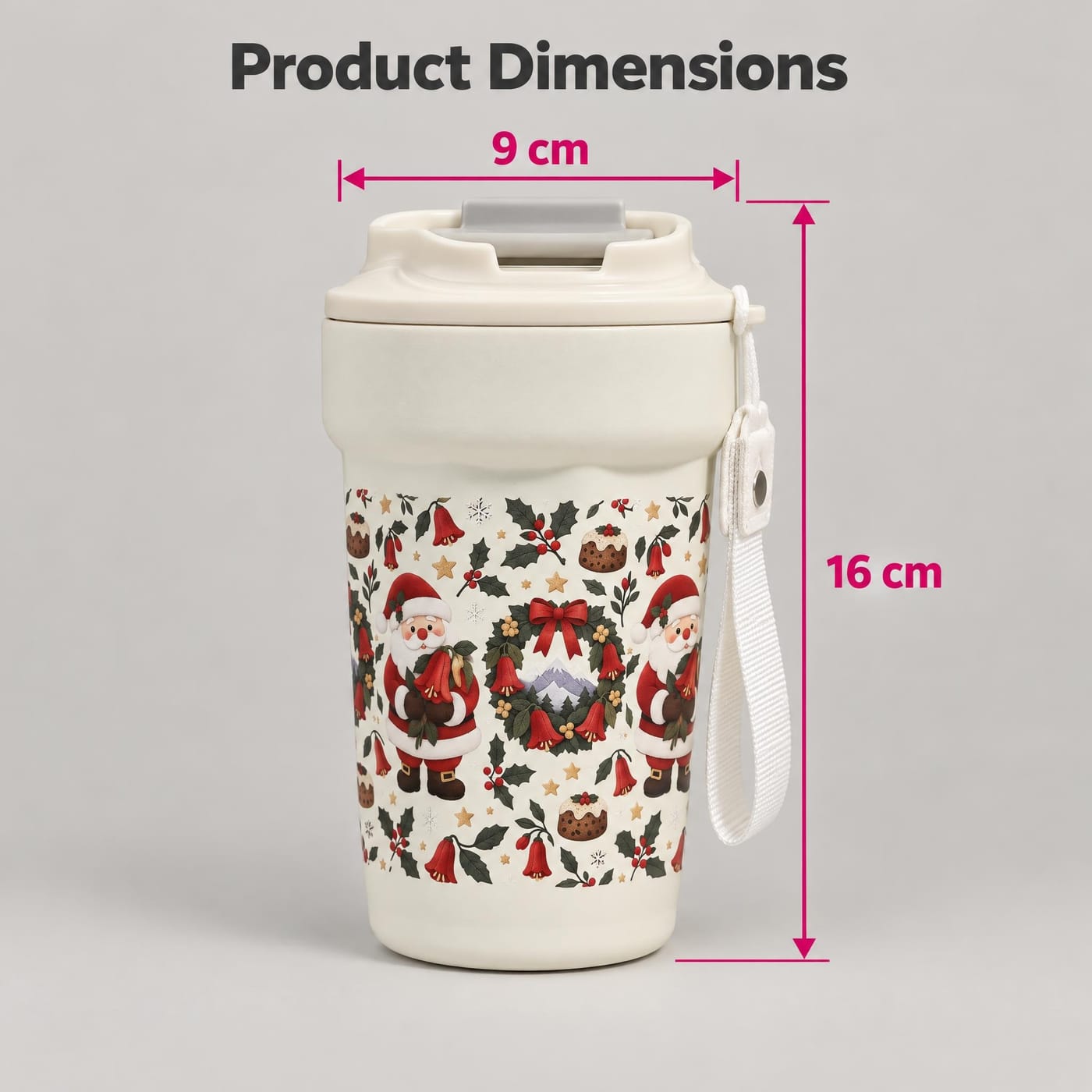 Viejito Pascuero Christmas Tumbler shown with dimensions